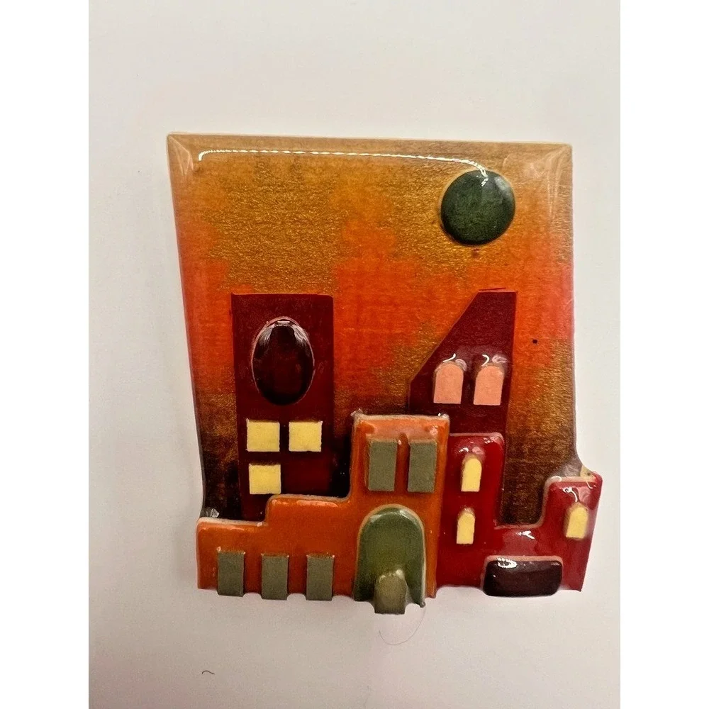 Lucinda House Pin Brooch Town Scene Resin Pueblo Casas Vintage Cityscape Artisan